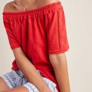 Anthropologie Red Off-Shoulder Short Sleeve Top